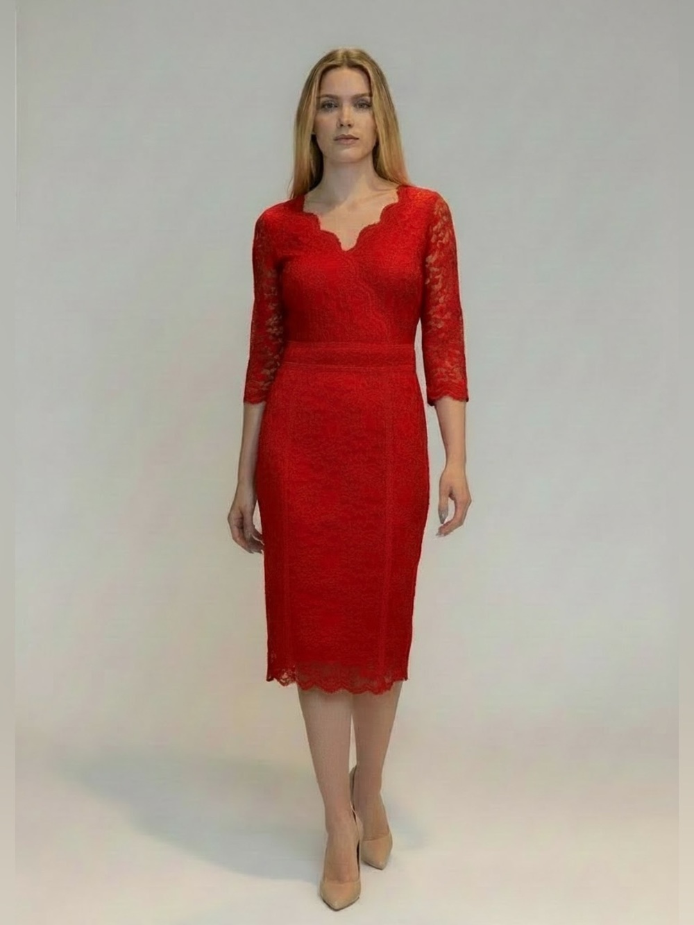 Thalia Sodi Macy's Red Lace 3/4 Sleeve Sheath Midi Dress M